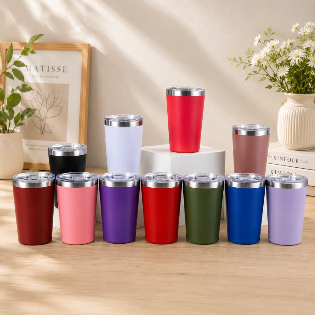 Copo térmico de aço inoxidável – camada dupla a vácuo, formato cônico com tampa 360ml
