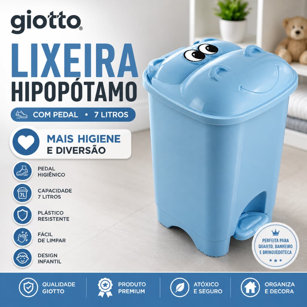 Lixeira Infantil Hipopotamo Azul 7L Com Pedal Fofinho Meninos Masculino Quarto Organização Giotto
