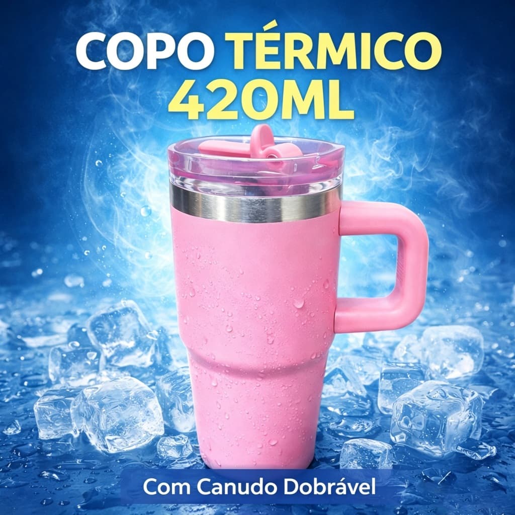 Copo Térmico 420ml Inox com Alça Tampa com Canudo Garrafa Térmica para Carro