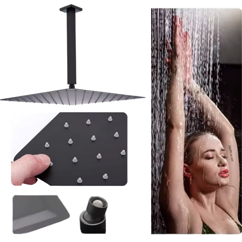 Chuveiro Ducha Slim Quadrada Inox 304 Preto Fosco 20x20cm Com Braço De Teto 40cm Banheiro Moderno Efeito Chuva