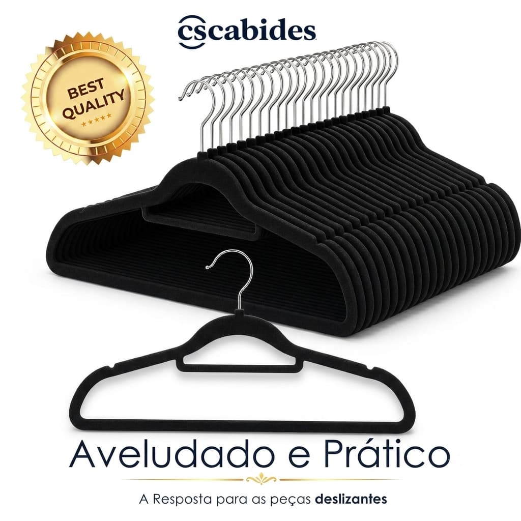 Cabides Reforçados de Veludo Slim Adulto Antideslizante Ultrafino Preto Com 50un Economia De Espaço