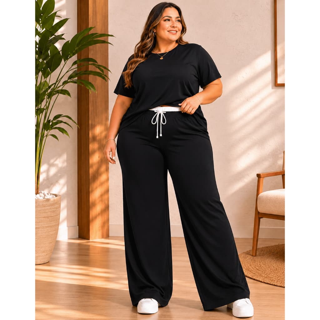 Calça Feminina Virginia Pantalona Soltinha Cós Duplo com Elástico e cordão Fake Plus Size GG ao G4