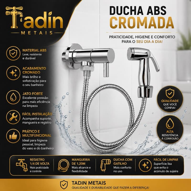 Ducha Higiênica ABS Cromada 1/4 de Volta e Mangueira Flexível