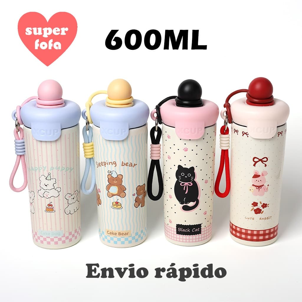 Garrafa Térmica Cup 600ml em Aço Inoxidável 316 Fofa com Canudo, Estampas Kawaii, Tampa Antivazamento, Abridor e Alça