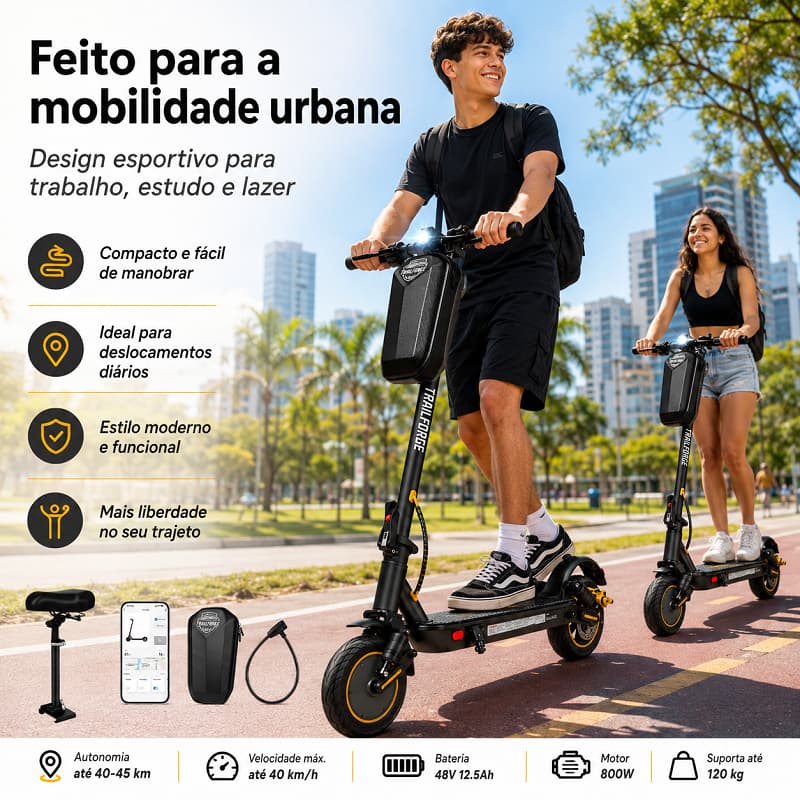 Trailforge T1 Patinete Elétrico 10 Polegadas 800W Bateria 12.5AH Autonomia 45km App Bluetooth Adulto