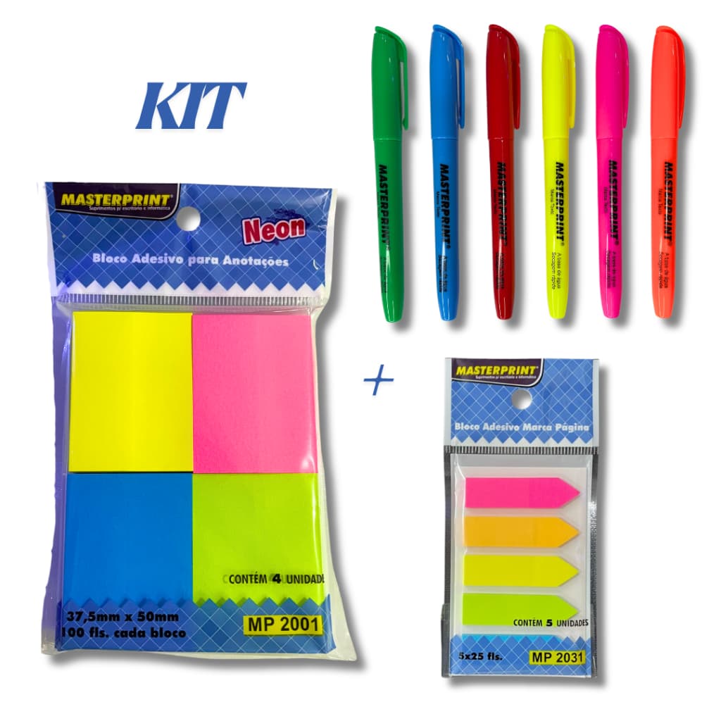 Kit 6 Marca Texto Neon + Bloco adesivo + Marca paginas