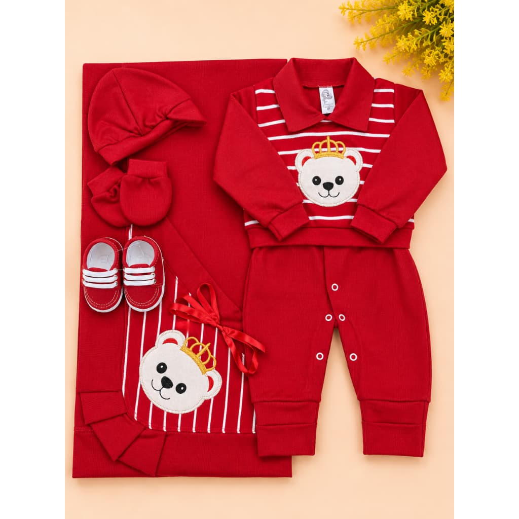 Saída de Maternidade de Urso Vermelha Masculina de Luxo kit com 6 peças