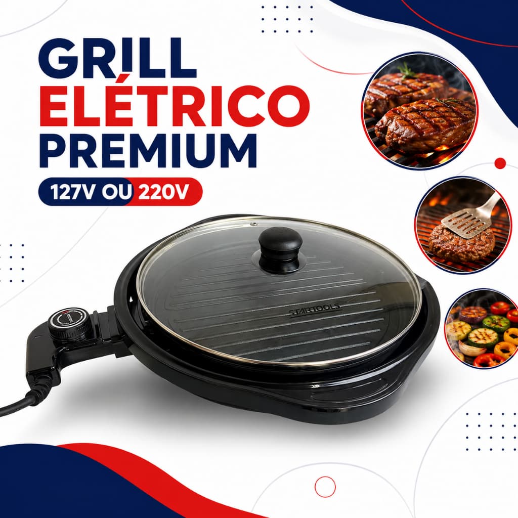 Grill Elétrico Redondo 127v Ou 220v 1200W Com Termostato E Grelha Removível Antiaderente Versátil E Prático