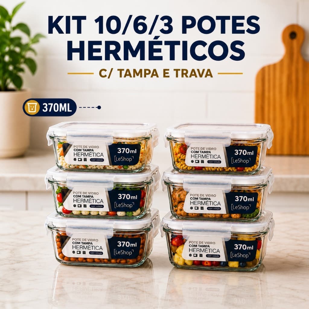 Kit 10/6/3 Potes Vidro Hermético Tampa 4 Travas Marmita Fit - 370ml