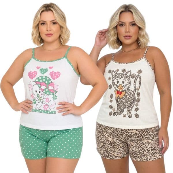 Kit 2 Pijama Baby Doll Plus Size Feminino Malha Algodão Alcinha Pijama Dormir Mulher Plus Size