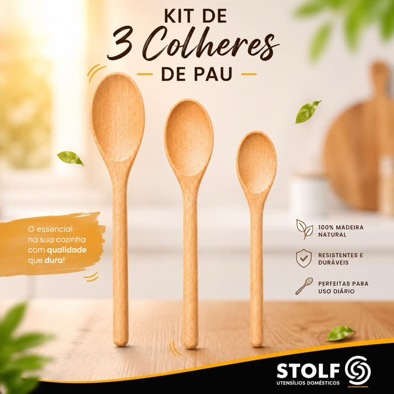 Kit tres Colheres De Madeira cozinha  Colher de Pau 24  26 e  32cm  - conjunto  3 colheres pau