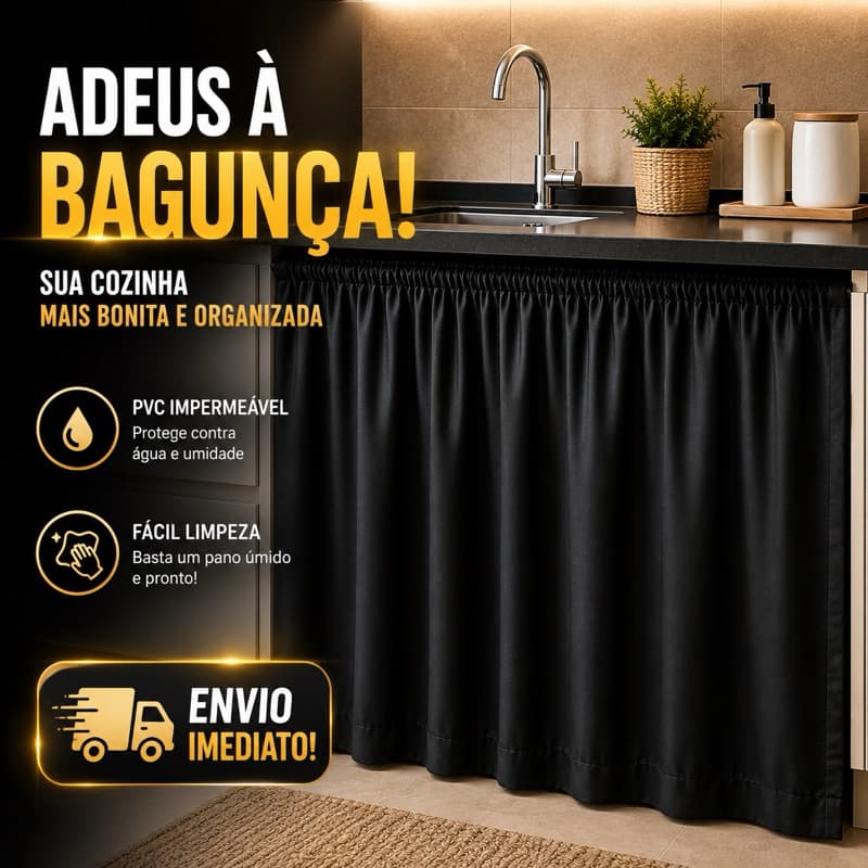 Cortina De Pia PVC Impermeável Preta 80x138cm Organizador Cozinha Lavanderia Decoração