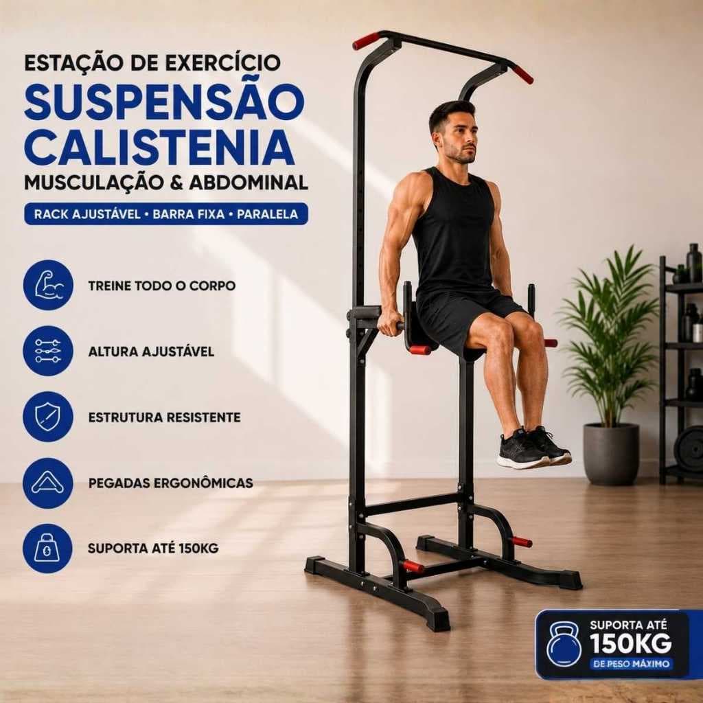 Estação de Exercício Suspensão Calistenia Musculação Abdominal Rack Ajustável Barra Fixa Paralela