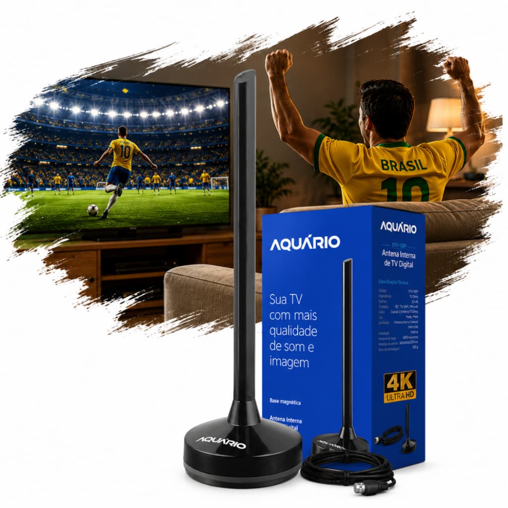 Antena Digital Full HDTV Interna 4k DTV-100P Aquario Em Metal Cabo 2,5 Metros