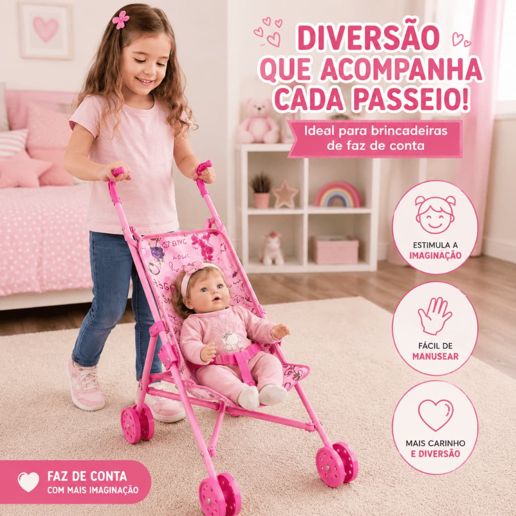 Carrinho de Boneca Dobrável Rosa Infantil Leve Brinquedo Para Passeio Faz de Conta 4 Rodas
