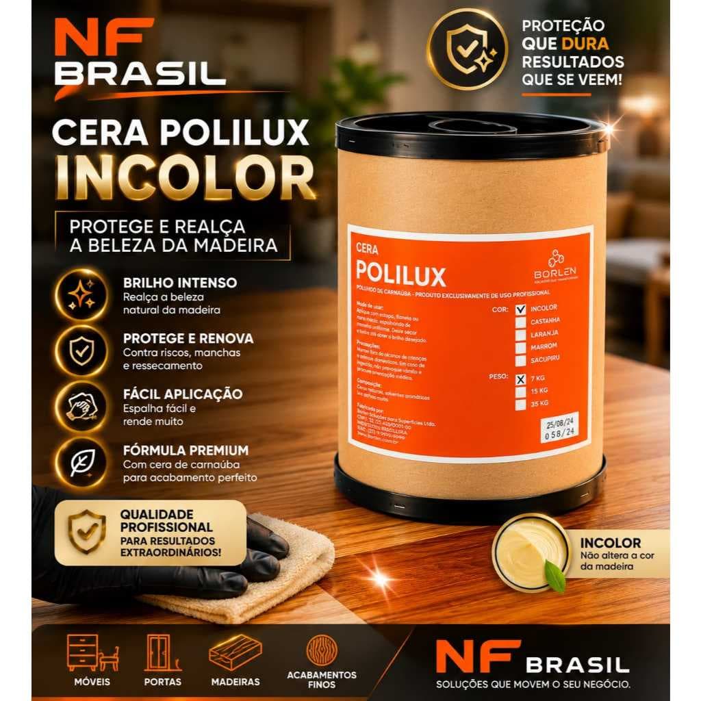 Cera Pasta Madeira Incolor Brilho Demolição Polilux 7 Kg