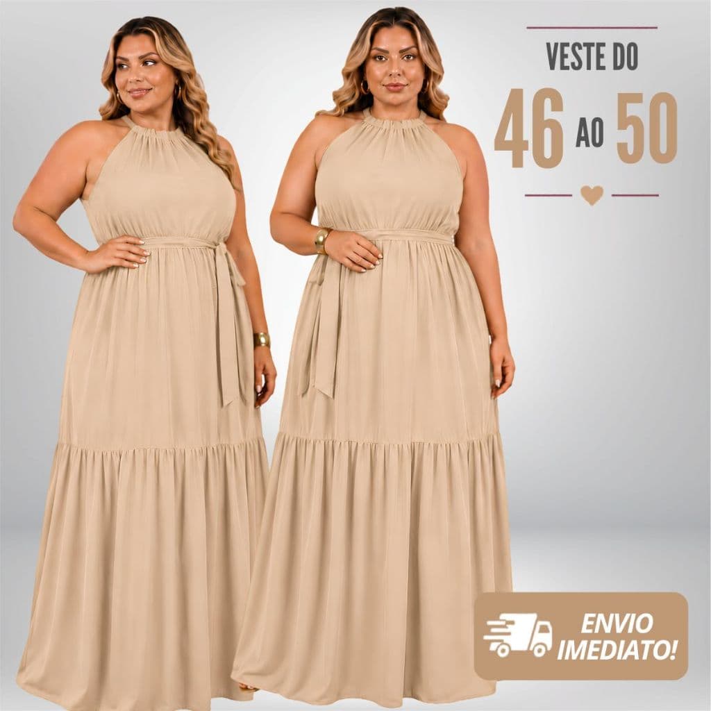 Vestido Longo Plus Size Feminino Gola Alta Elegante Soltinho Casual 46 ao 50