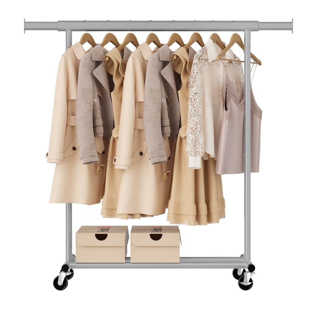 SONGMICS Cabideiro Metálico Portátil, Arara de Roupas com Rodas, Suporte Extensível para Quarto, Branco, Montagem Fácil