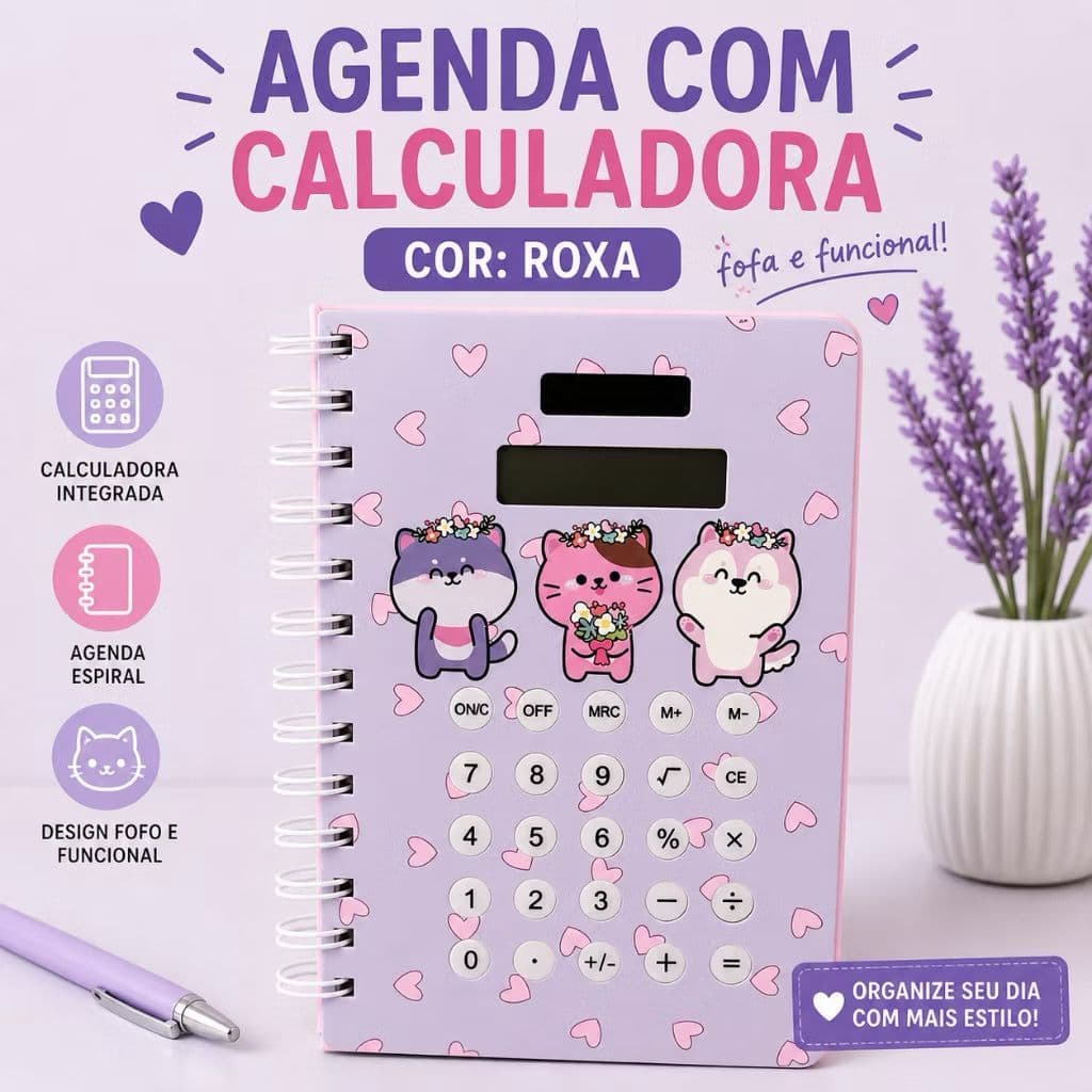 Versátil Agenda Caderno com Calculadora Solar e 3 Animais Embutida 80 Páginas Capa Dura