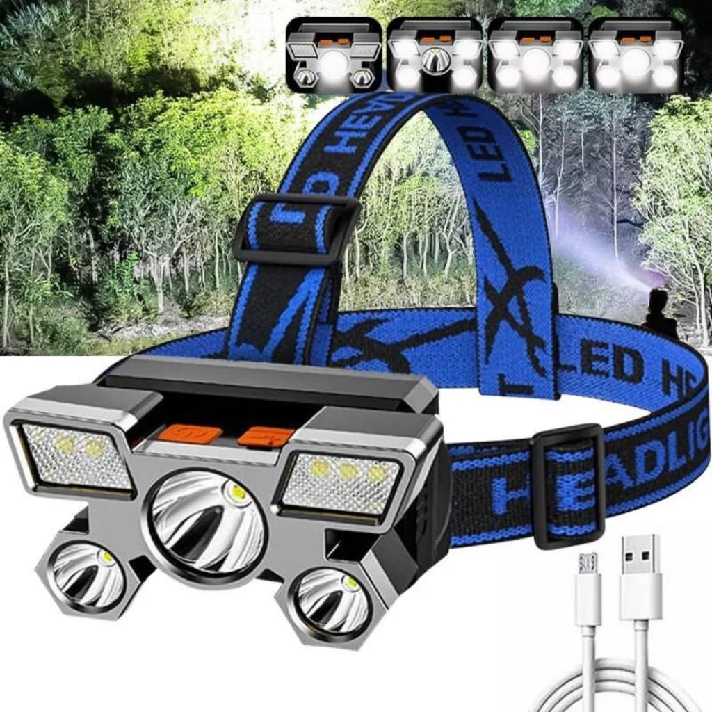 Lanterna de Cabeça LED 4 Modos Iluminação Recarregável USB Ajuste 90 graus