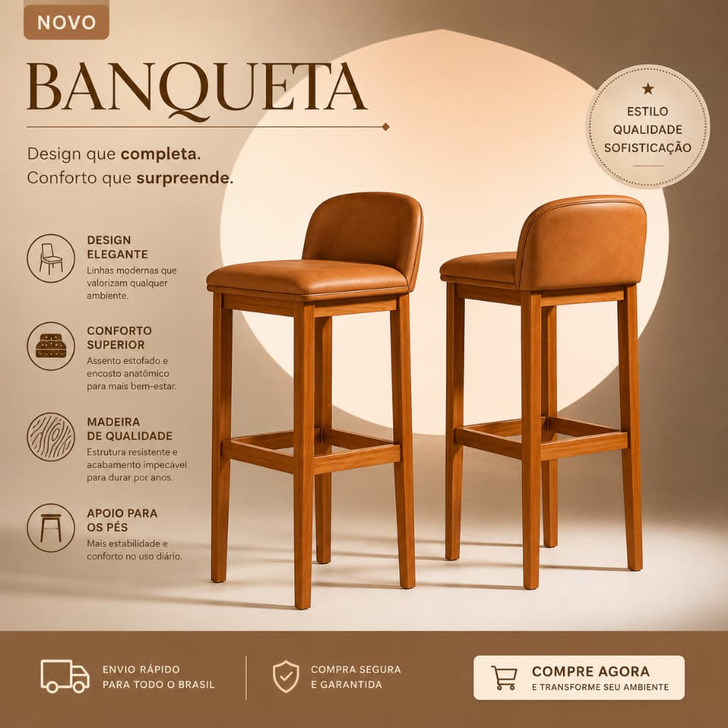 Kit 2 Banquetas Onix Alta Bar Reforçada Estofada Corino Premium Madeira Maciça Encosto Luxo Bancada Cozinha Área Gourmet