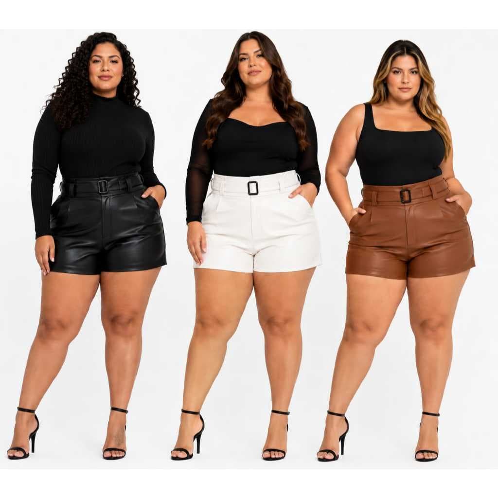 Short Feminino Plus Size  P ao G2 com Cinto Courino Cirrê Short Cintura Alta - PROMOÇÃO