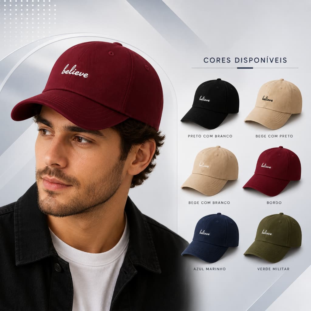 Boné Believe Bordado Premium Aba Curva Estiloso Casual Ajustável Unissex