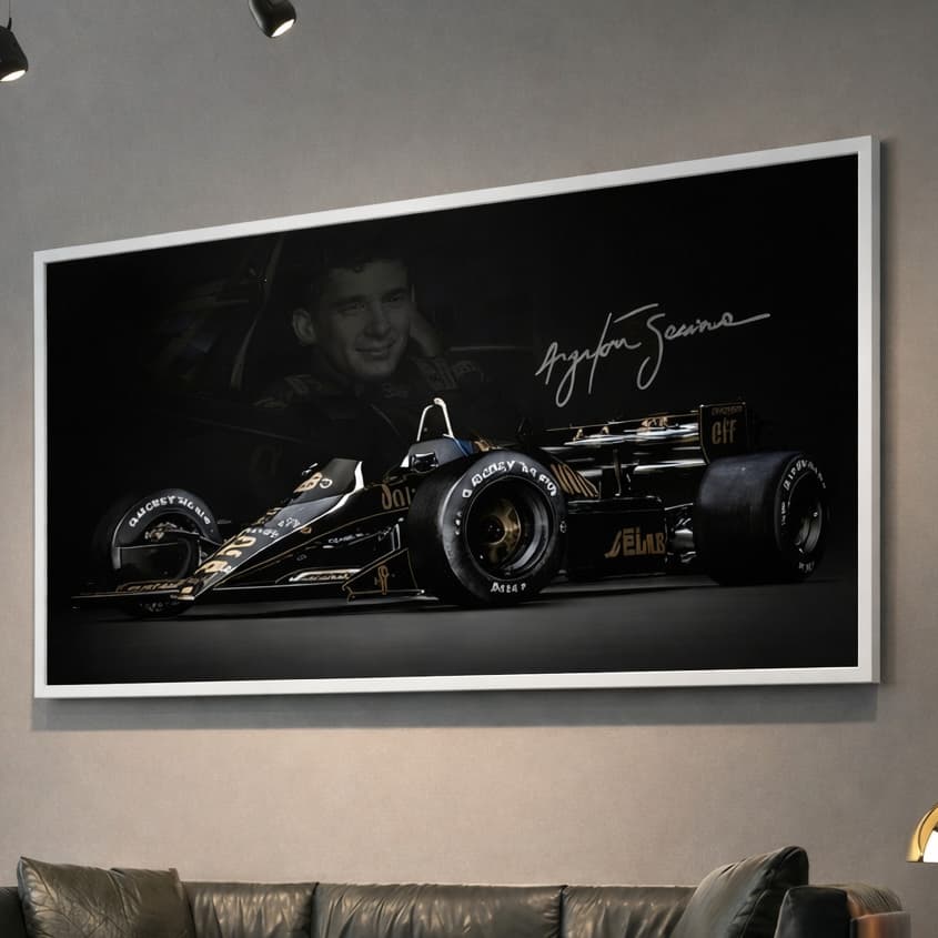 Quadro Decorativo Grande Luxo Ayrton 90x60 Esportivo Formula 1 para Sala de Estar com Vidro Moldura