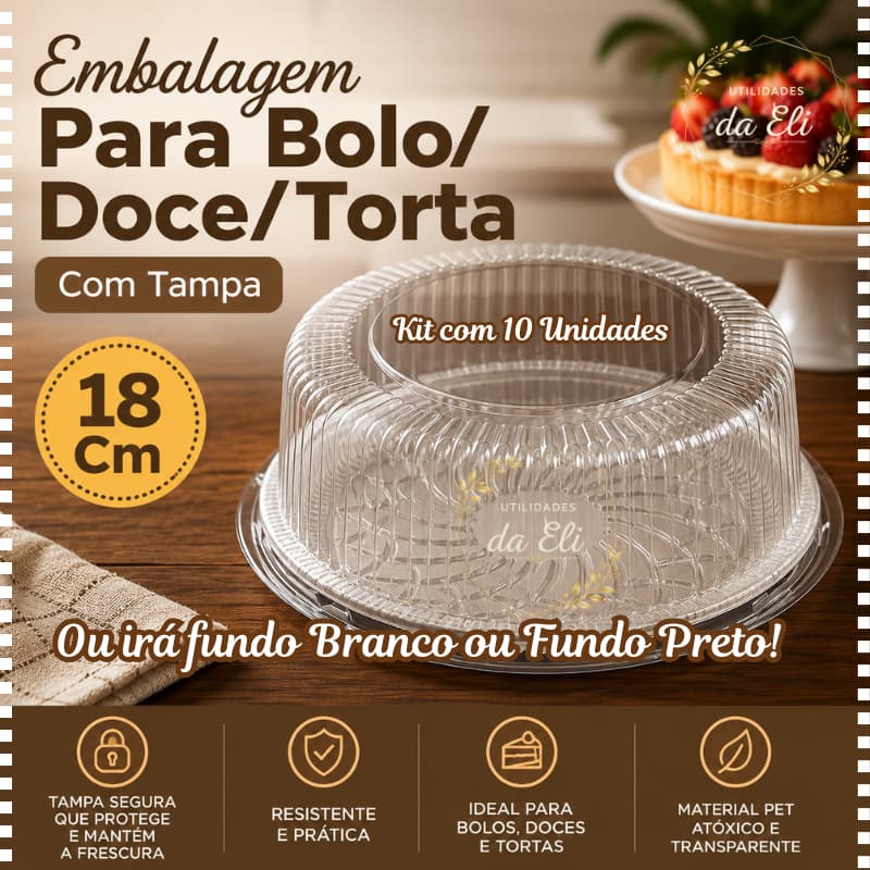 KIT Embalagem Para Bolo ou Torta Com Tampa 18 Cm B 32M com 10 Unidades