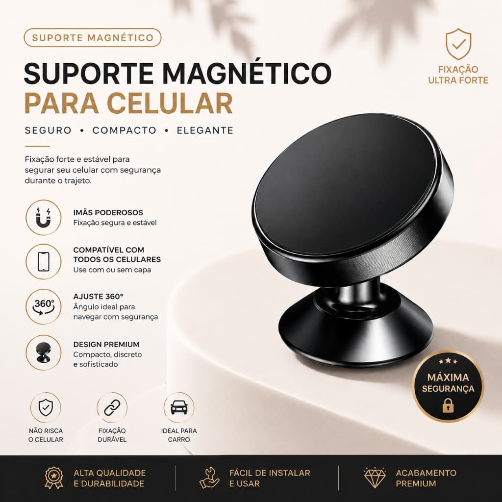 Suporte Magnético Universal para Carro - Preto: Giratório 360°, Forte Adesivo, Compatível com Android e iOS