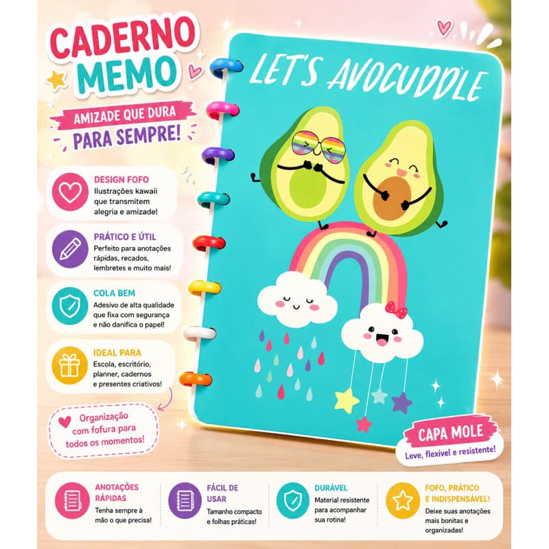 Caderno de Disco A5 Avocado Kawaii Capa Mole 8 Discos Coloridos para Anotações