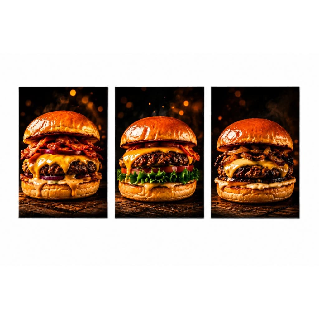 Kit 3 Quadros Decorativos Burger Raiz Hambúrguer Gourmet para Hamburgueria e Área Gourmet