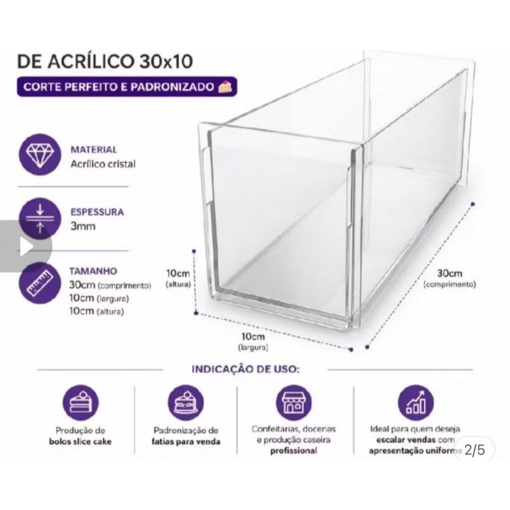 Forma para Slice Cake em Acrílico Cristal 30x10cm 3mm | Molde para Bolo | Confeitaria Profissional