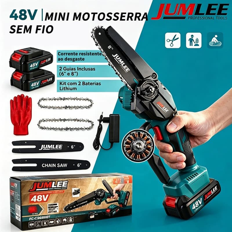 Mini Motosserra Elétrica 8 Pol Sem Fio 48V Podador Galhos Portátil 2 Baterias JUMLEE