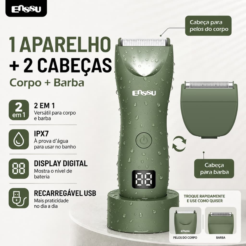 Barbeador e Aparador de Pelos 2 em 1 Corpo Barba Virilha IPX7 Recarregável USB LED Sem Fio
