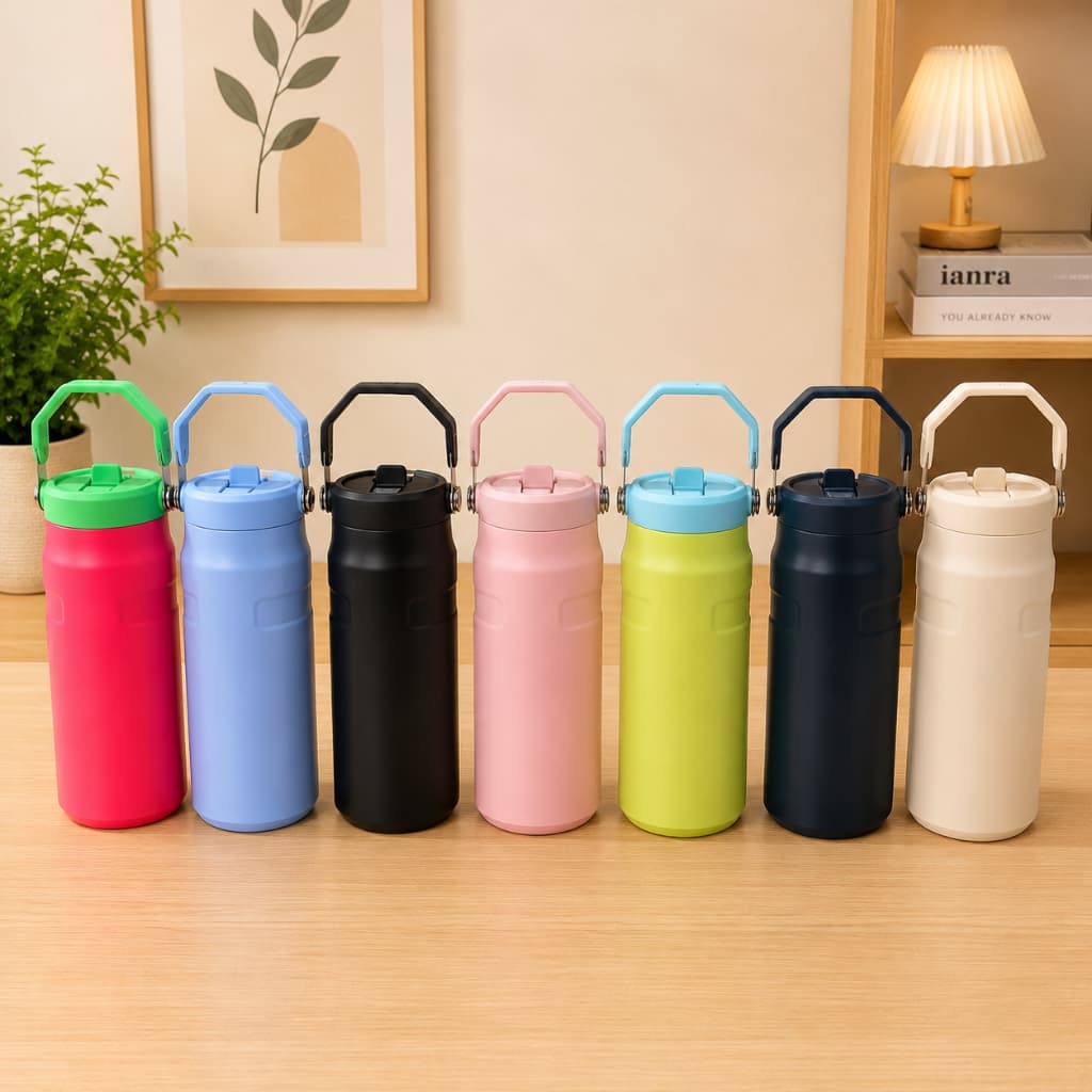 Garrafa Térmica 500ML /700ML Parede Dupla Em Inox e Bico Flip C/ Canudo e  Alça #1853