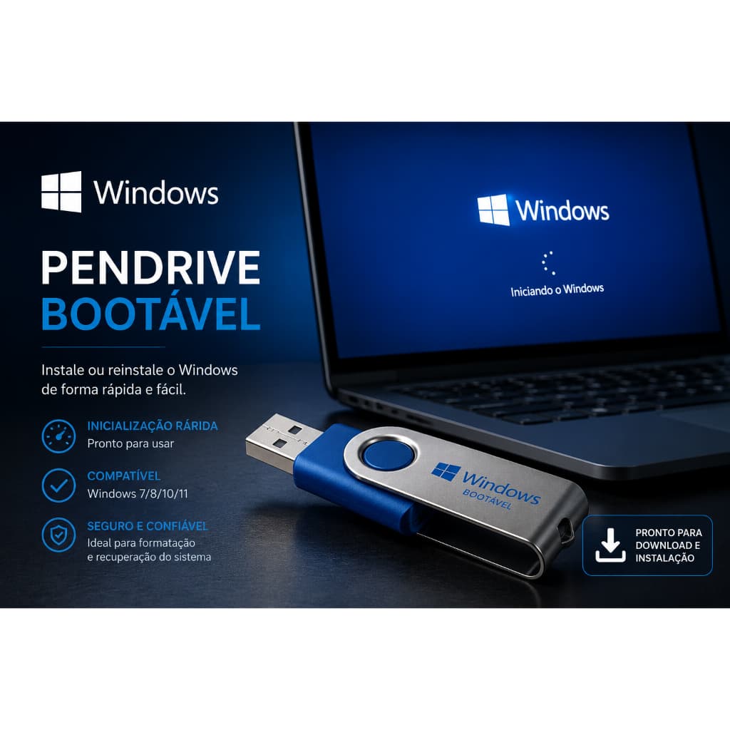 Pendrive Bootável Windows 10 / 11 USB Instalação Formatação Recuperação PC Notebook