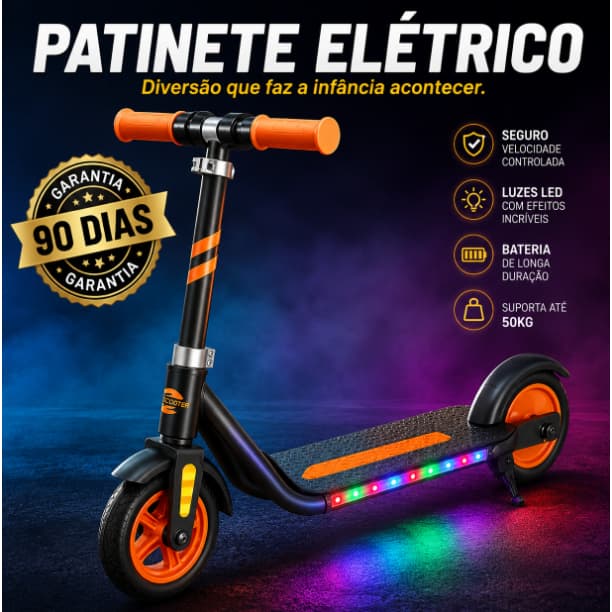 Patinete Elétrico Infantil LED Recarregável Com Freio Seguro Até 50kg Crianças