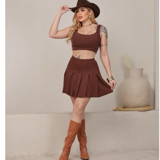 Conjunto  Feminino  Saia Plissada e Cropped Conjunto Canelado Premium – Moda Feminina Moda Casual Tendência 2026