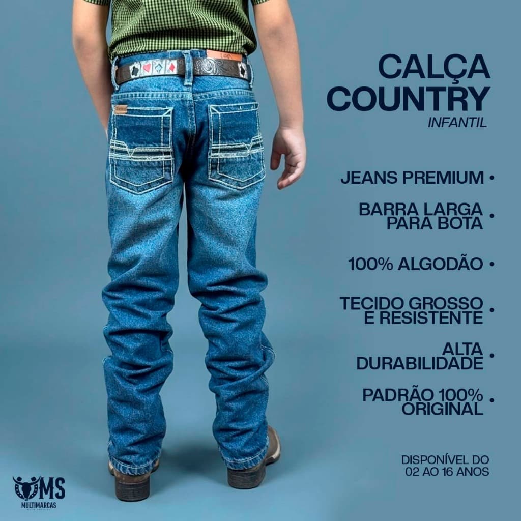 Calça Jeans Infantil Country Masculina Bordada Premium Barra Larga Para Bota Rodeio 2 a 16 Anos