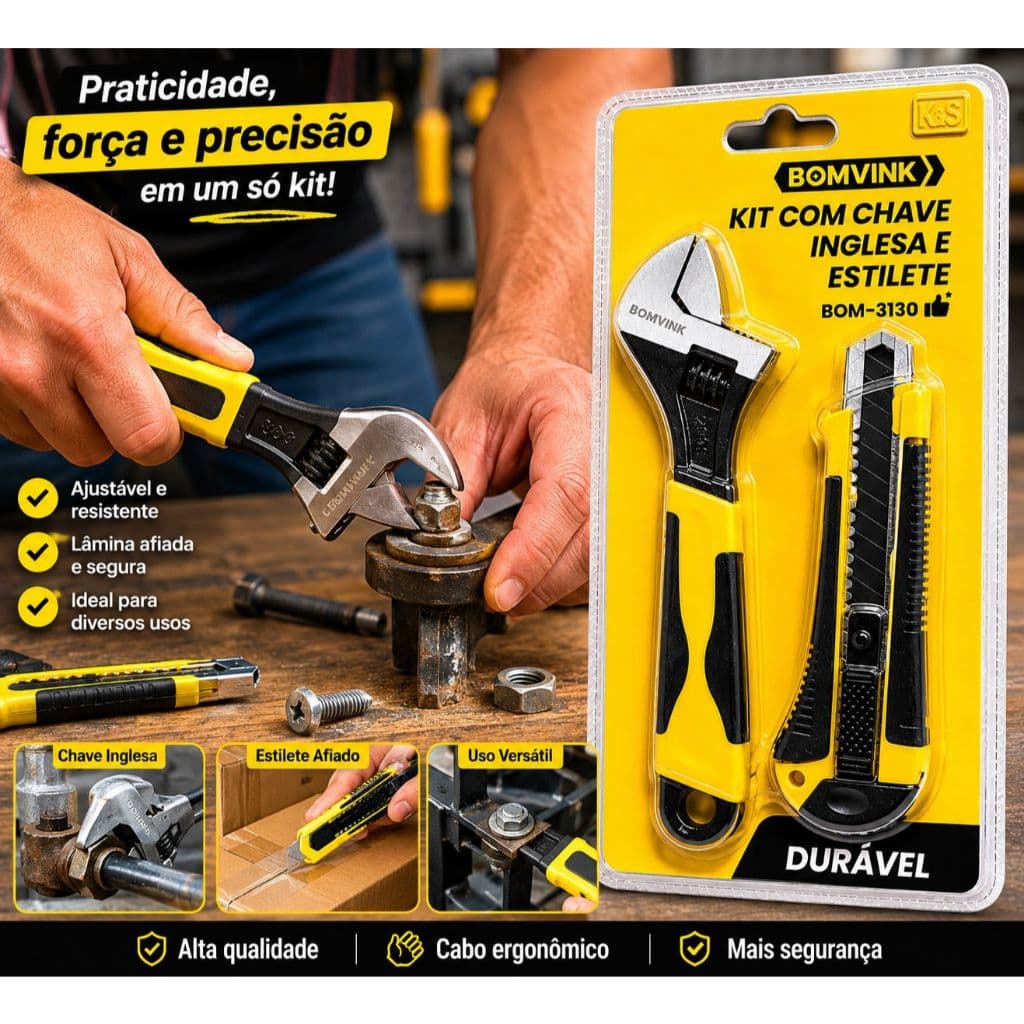 Kit Chave Inglesa Ajustável + Estilete Profissional Bomvink BOM-3130 Multiuso Resistente