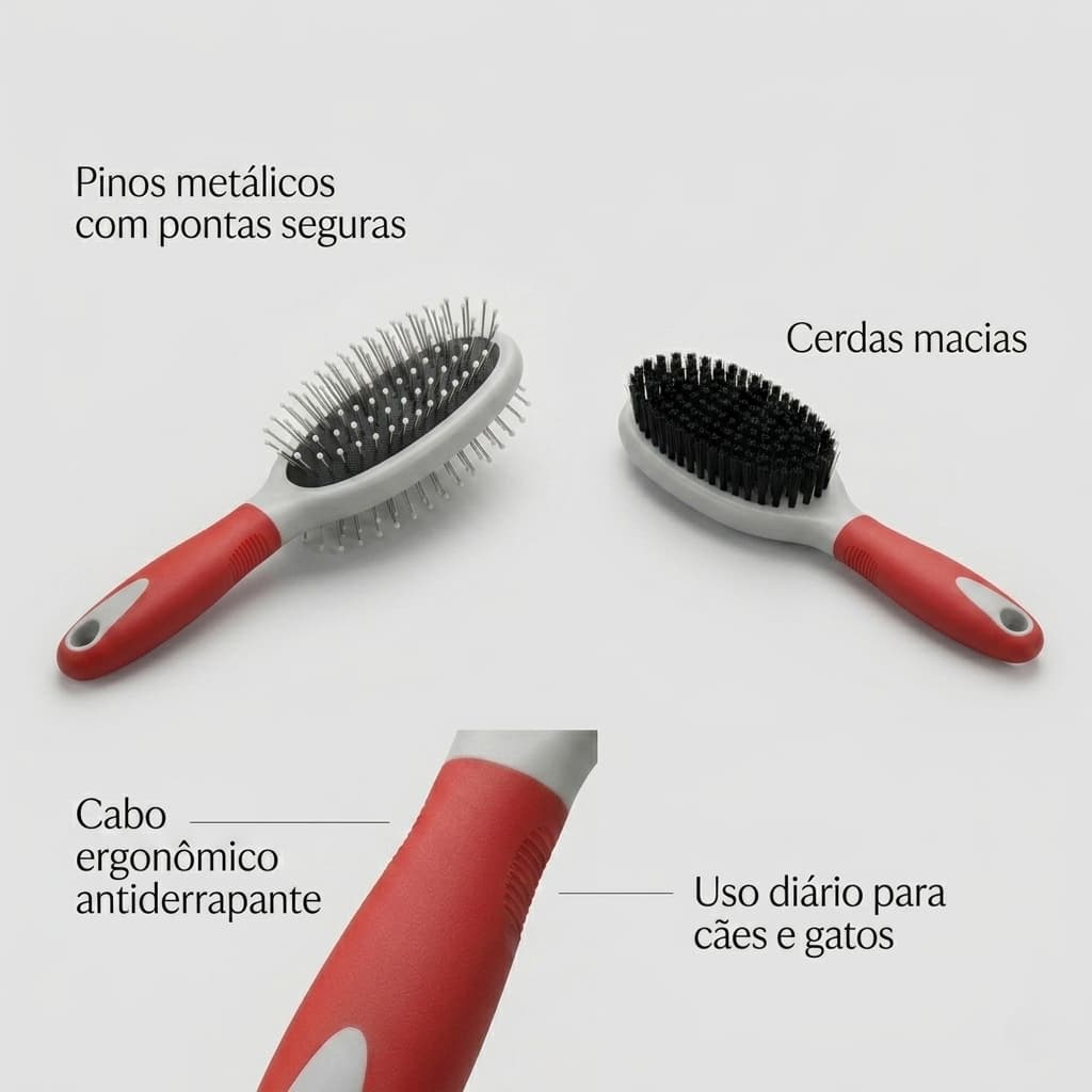 Escova dupla face para pets 21cm cuidado pelagem cães e gatos