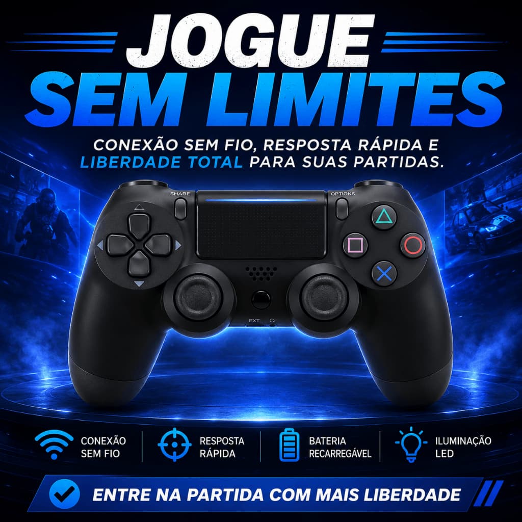 Controle Bluetooth PS4 Sem Fio Wireless Joystick Playstation 4 Com LED Entrada Fone P2 Preto