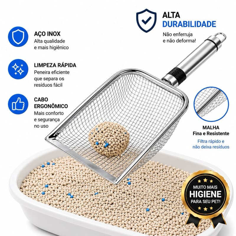 Pá Coletora de Areia para Gatos em Aço Inox – Resistente, Higiênica e Durável