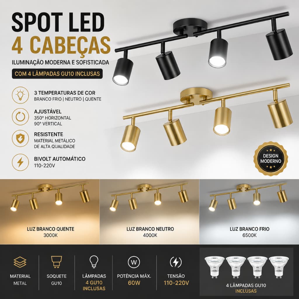 Luminária de Teto Spot LED 4 Luzes GU10 Preto/Dourado | Luz Direcionável 350°/90° | 4 Lâmpadas Inclusas Bivolt