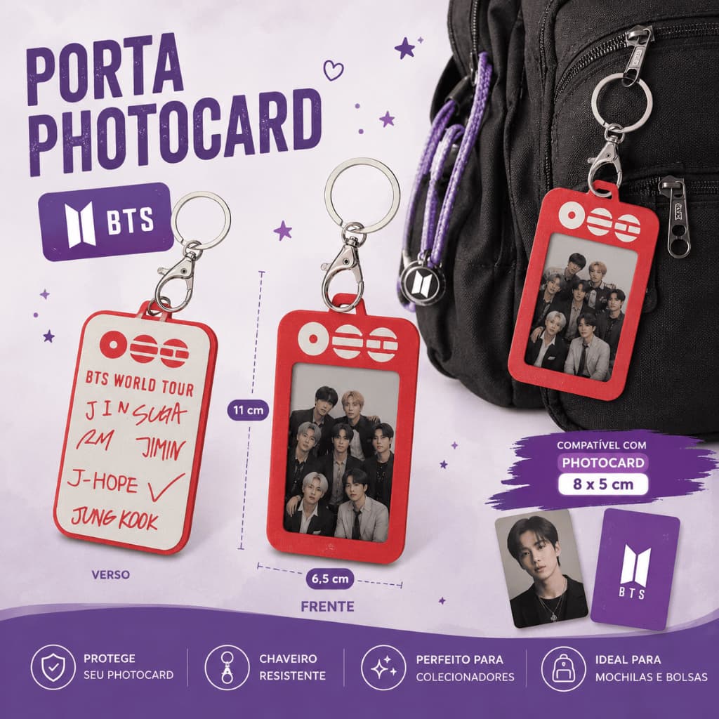 Porta Photocard BTS Chaveiro | Suporte para Photocard 8x5cm | K-pop ARMY | BTS World Tour