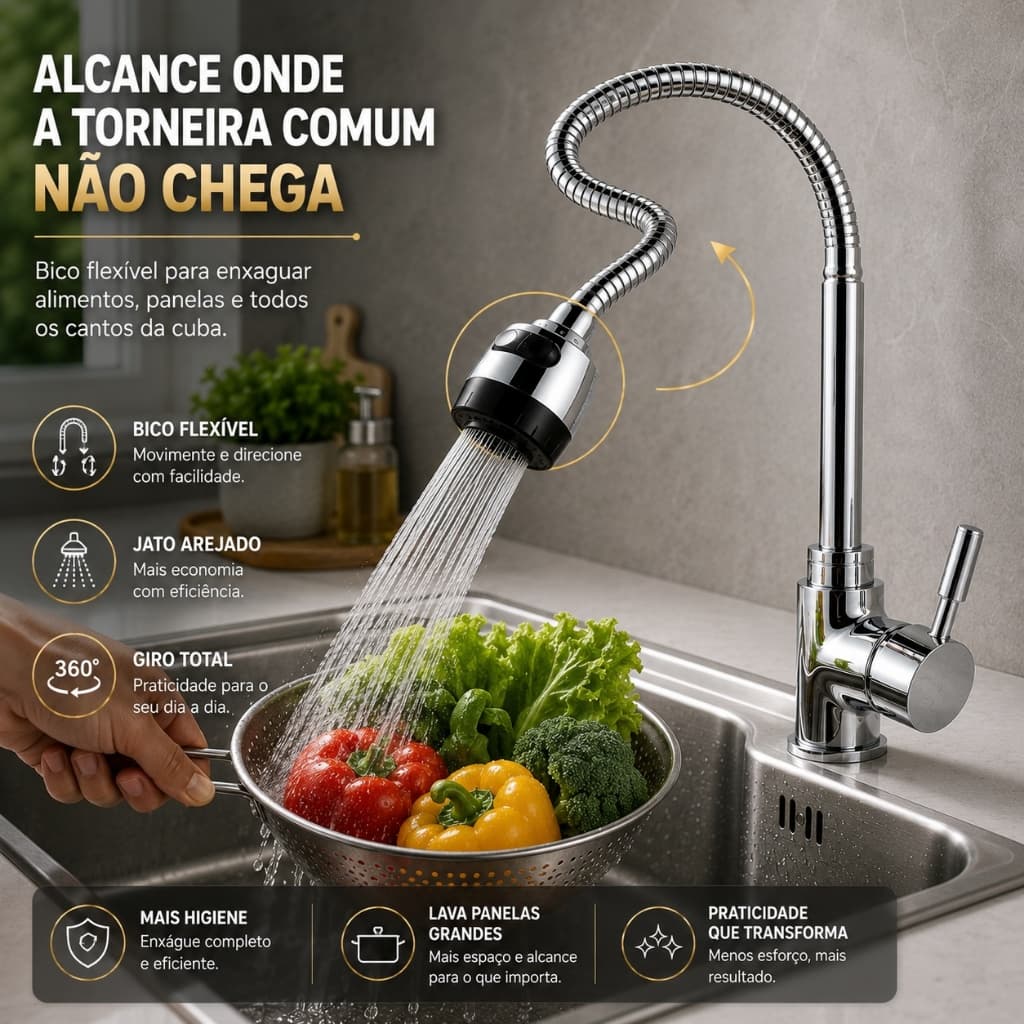 Torneira Cozinha Gourmet Monocomando Cromada Bico Flexível 2 Mangueiras