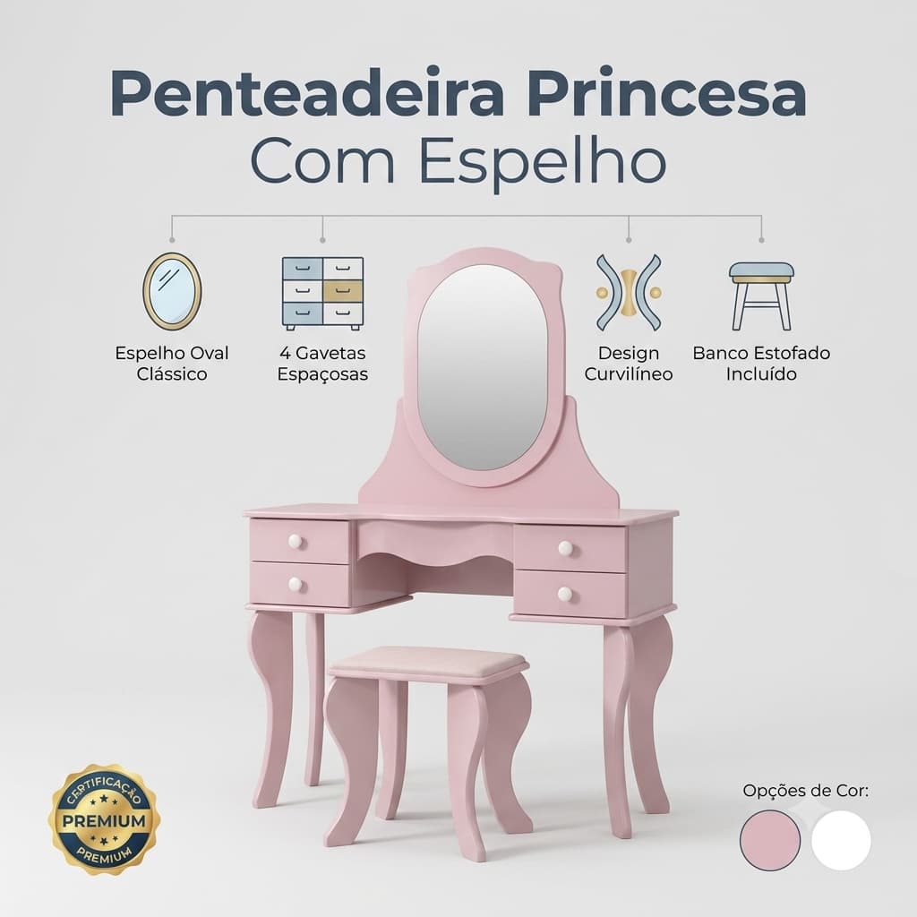 Penteadeira Princesa Com Espelho  - Rosa / Branco Com Banqueta
