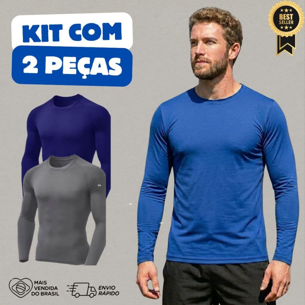 Kit 2 Camiseta Masculina Dry Fit Manga Comprida Longa Premium para Academia Básica Confortável Malha Fria