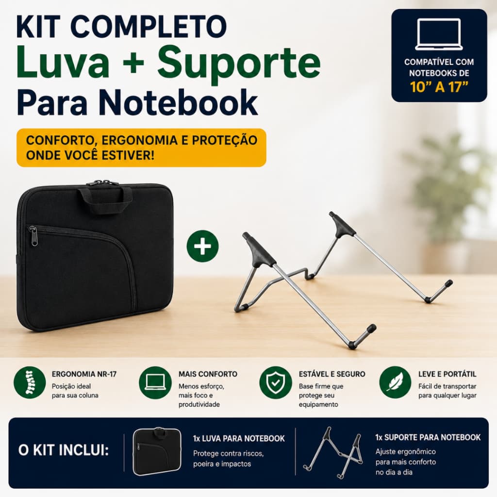 Kit Proteção Capa Luva Notebook 15,6 + Suporte Ergonômico Ajustável Taber